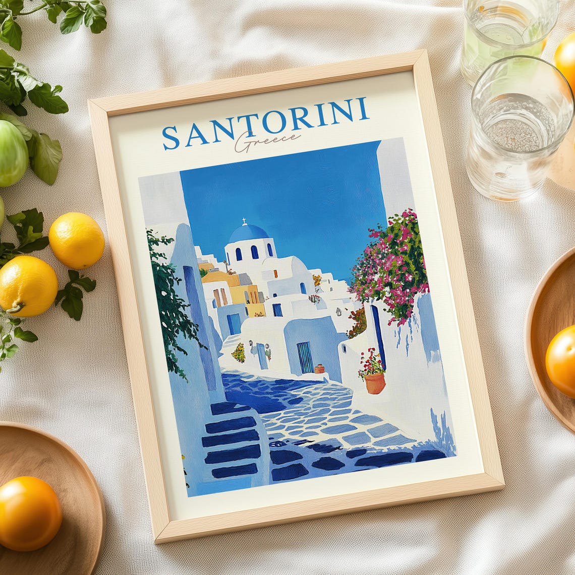 Santorini Greece Vintage Blue Dome White Houses Travel Poster - Image 4
