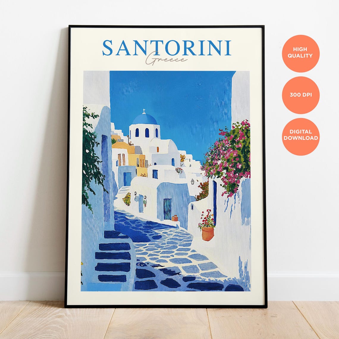 Santorini Greece Vintage Blue Dome White Houses Travel Poster - Image 3