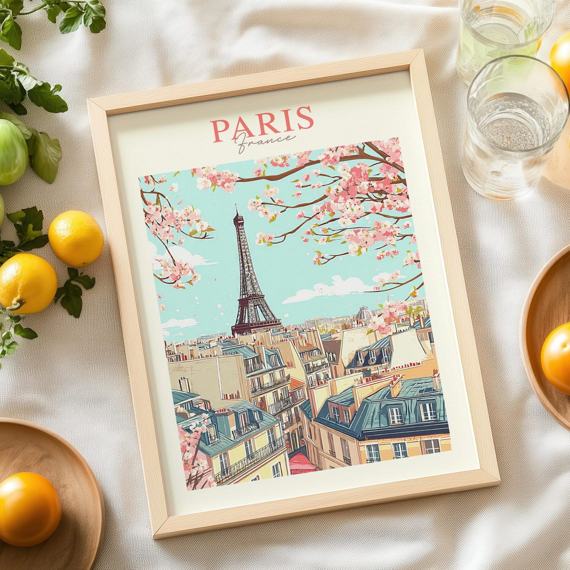 Paris France Eiffel Tower Cherry Blossom Rooftop Travel Poster - Image 4