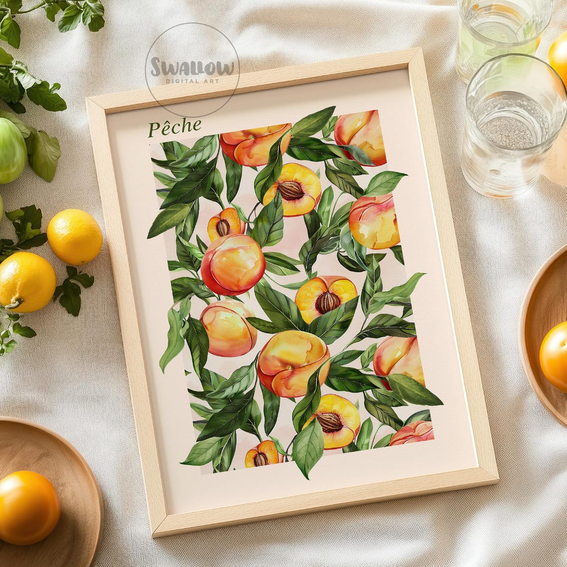 Peche Peach Watercolor Botanical Fruit Illustration Kitchen Art Poster