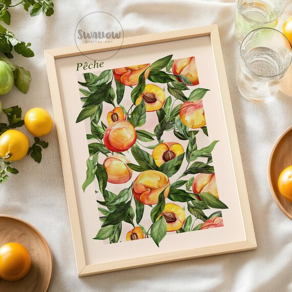 Kitchen Wall Art Fruit Prints Peach Drawing Boho Kitchen Decor Watercolor Fruit Wall Art Positive Artwork