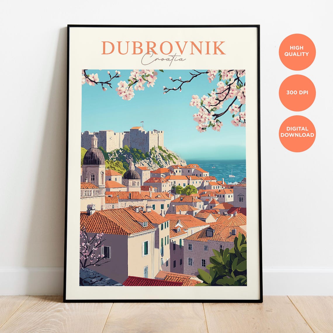 Dubrovnik Croatia Adriatic Old Town Cherry Blossom Travel Poster - Image 3
