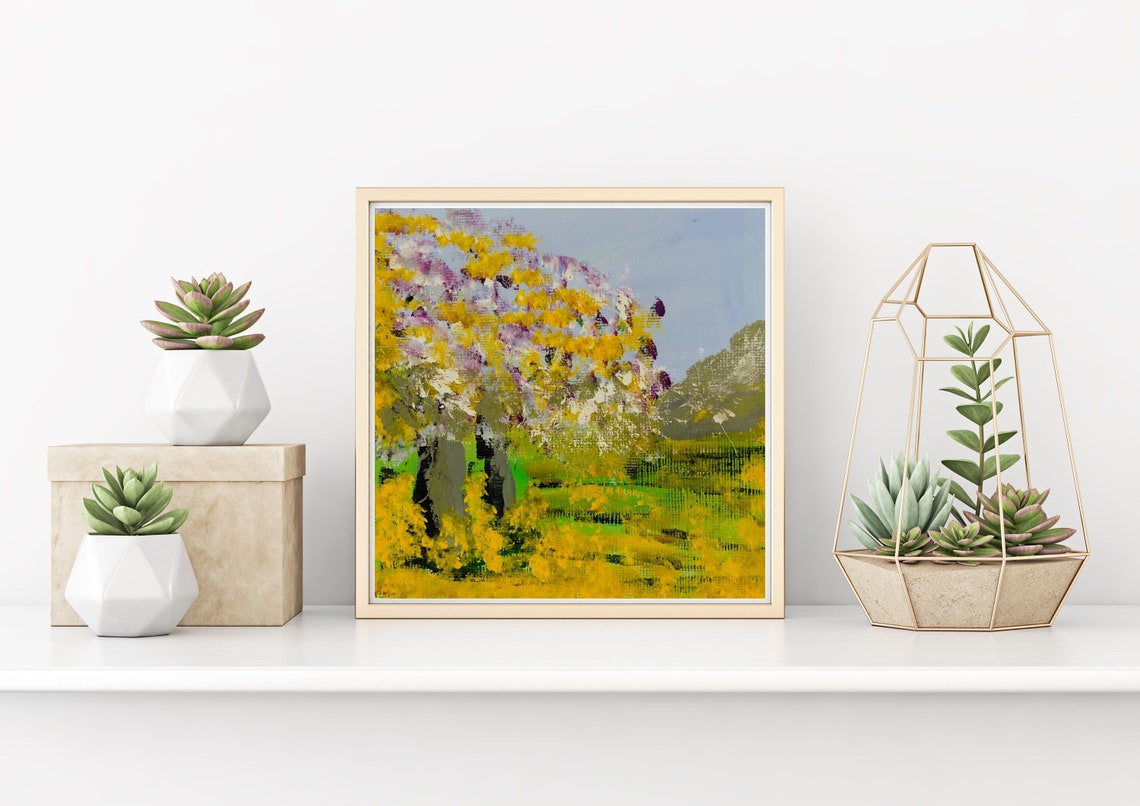 Blooming Tree Over a Golden Meadow Impressionist Field Poster