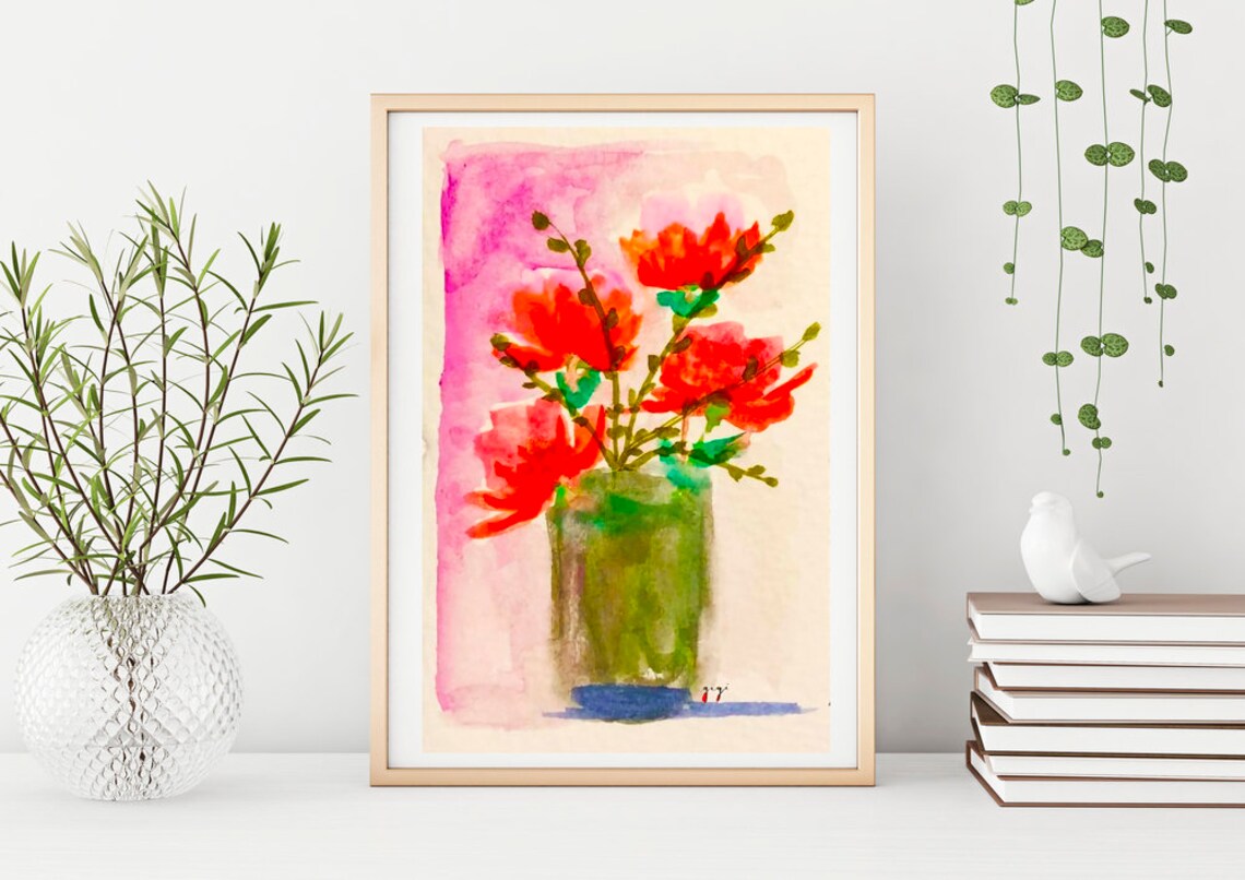 Bold Red Poppies in a Green Vase Vibrant Watercolor Floral Poster