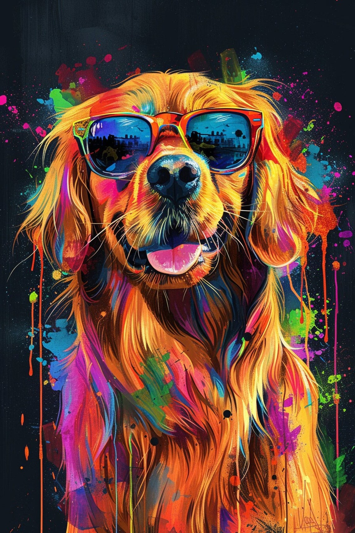 Colorful Dog In Sunglasses Portrait Vivid Golden Retriever Poster Pet Print Animal In Sunglasses Print For Kid Modern Art Pet Portrait