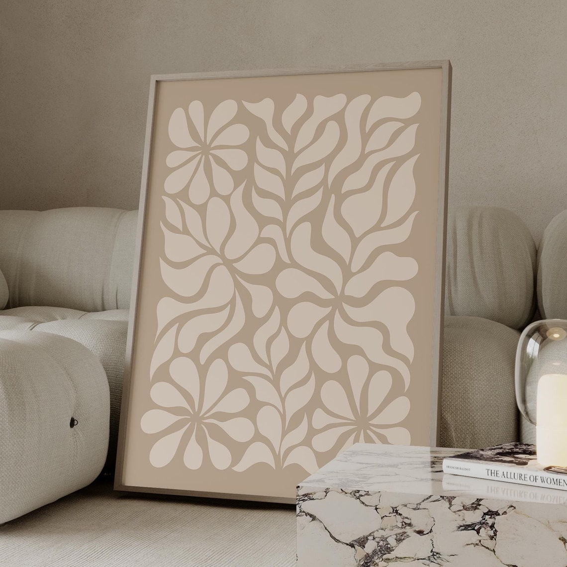 Beige Abstract Botanical Leaf Art Retro Wavy Flower Design Poster