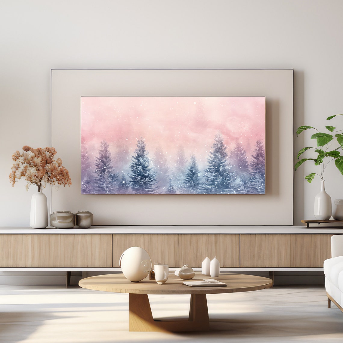 Dreamy Blush Pink Watercolor Snowy Winter Forest Scene Poster - Image 4