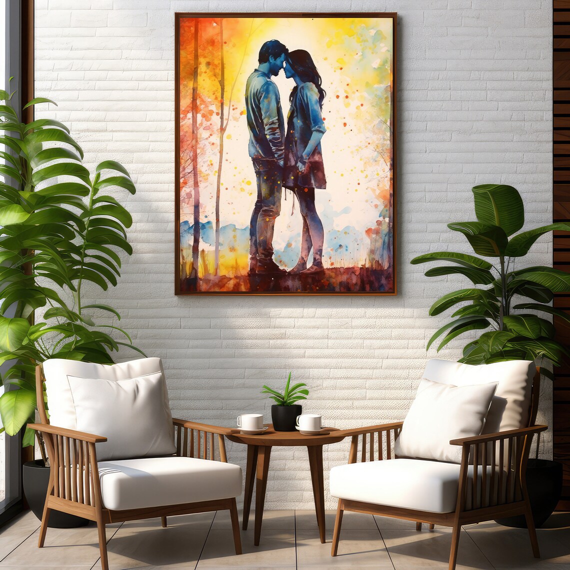 Romantic Couple Embrace Watercolor Autumn Forest Love Poster