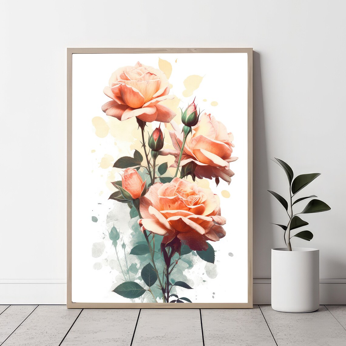 Peach Roses Watercolor Painting Elegant Blush Floral Bouquet Wall Art - Image 6