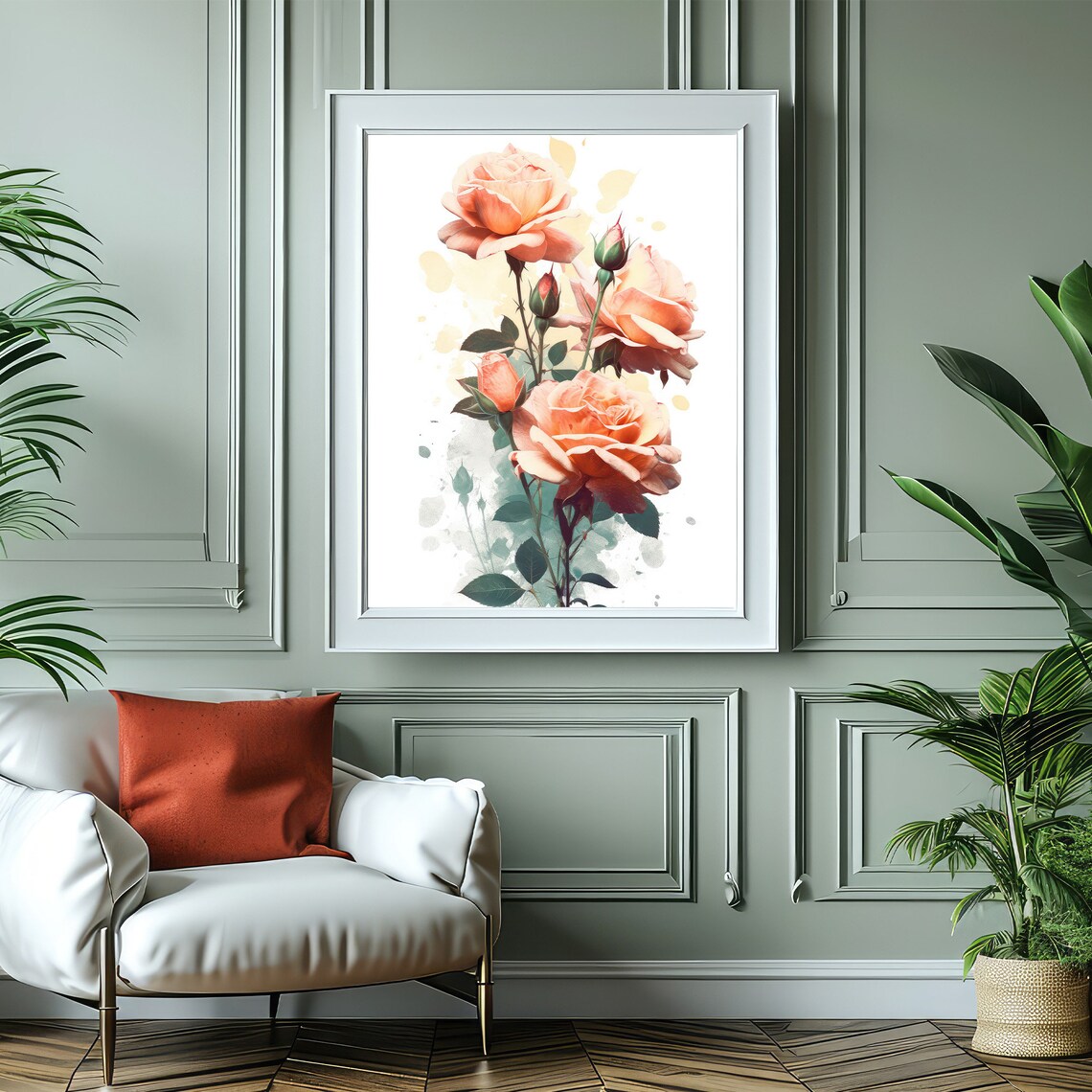 Peach Roses Watercolor Painting Elegant Blush Floral Bouquet Wall Art - Image 5