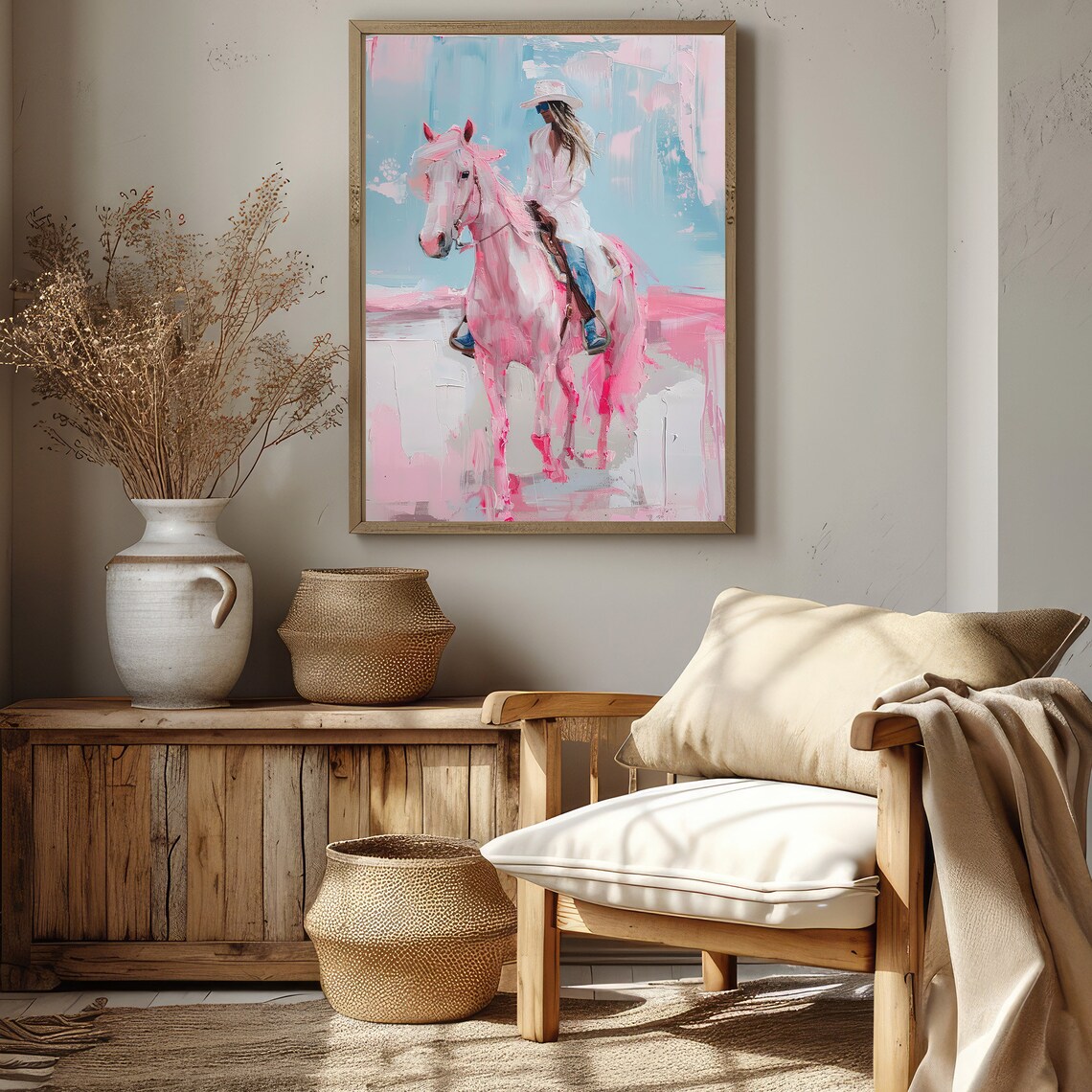 Coastal Cowgirl Riding Pink Horse Pastel Western Painting Poster - Image 2