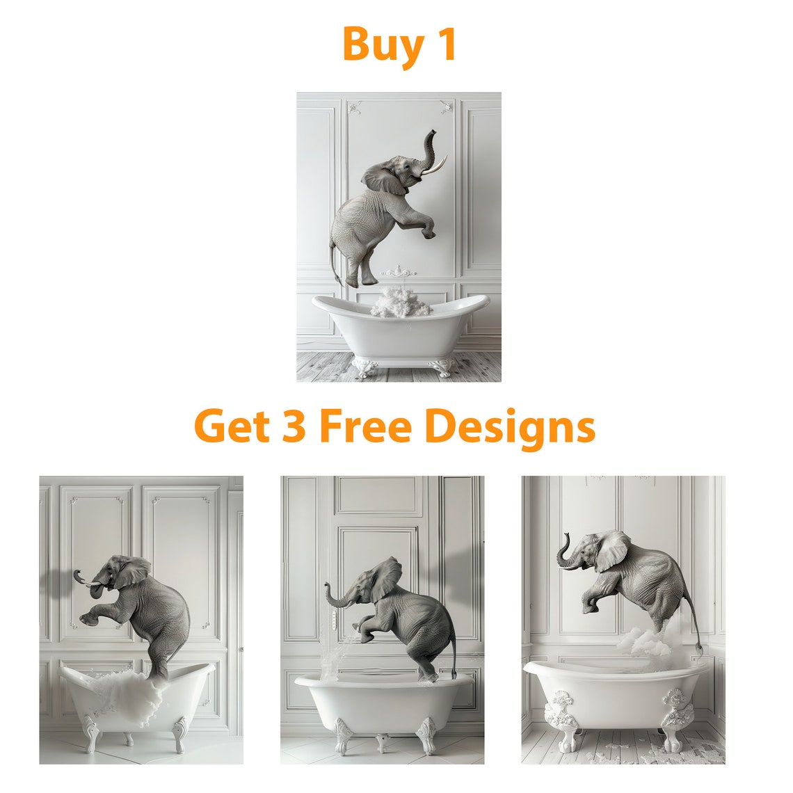 Baby Elephant Jumping Into Bathtub Playful Nursery Animal Poster - Image 6
