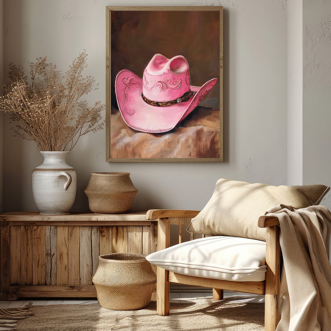 Pink Cowboy Hat With Tooled Leather Still Life Painting Poster - Image 3