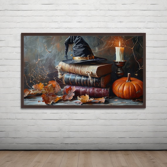 Witch Hat Spell Books Pumpkin Candle Halloween Still Life Poster