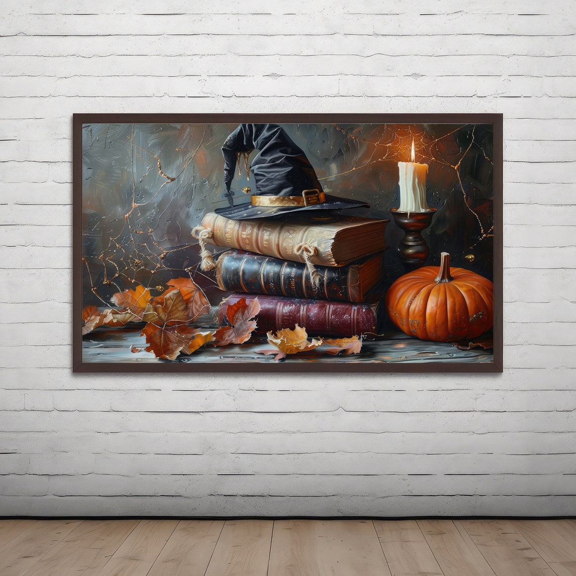Witch Hat Spell Books Pumpkin Candle Halloween Still Life Poster