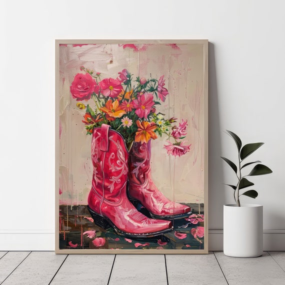 Pink Cowgirl Boots Painting Print Hot Pink Western Nursery Dorm Room Wall Art Boho Girly Decor