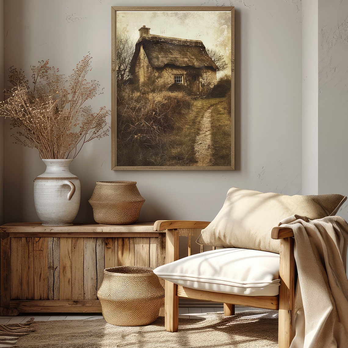 Vintage Sepia Thatched Cottage Countryside Path Photo Art Poster - Image 3