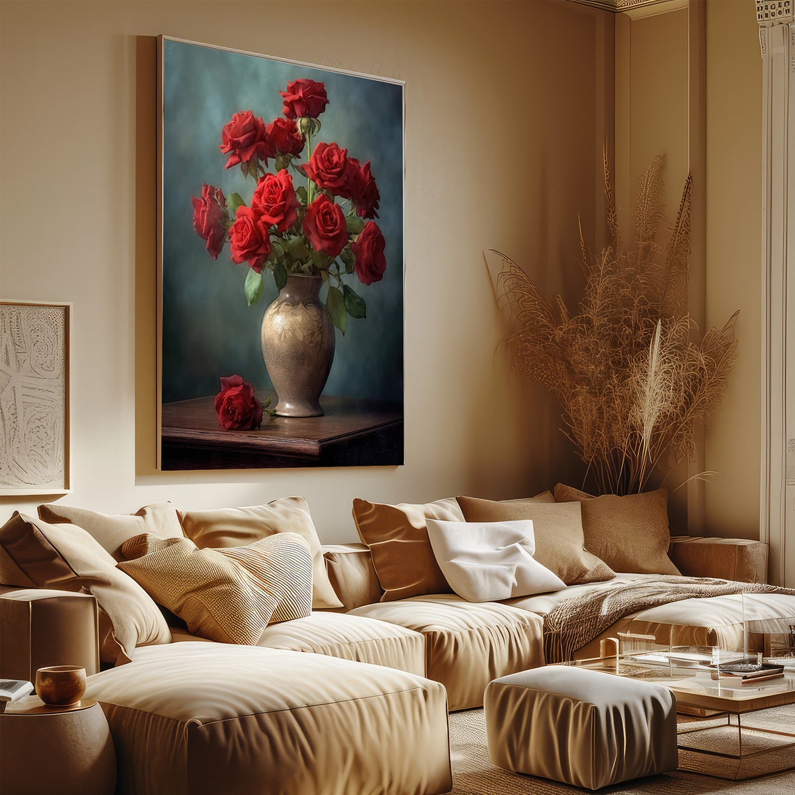 Red Roses Gold Vase Painting Classic Still Life Romance Wall Art - Image 4