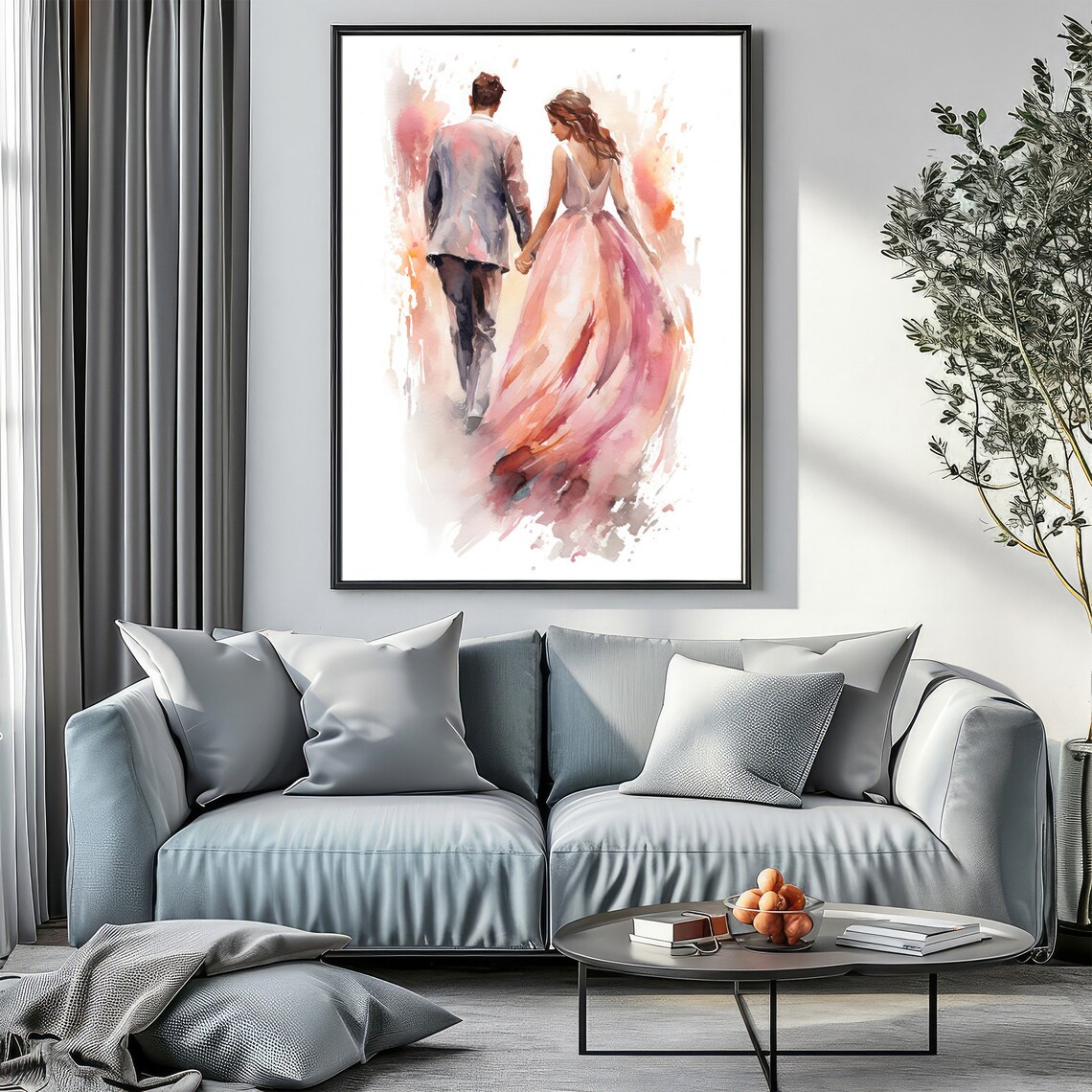 Couple Walking Away Watercolor Painting Romantic Blush Dress Wall Art - Image 6