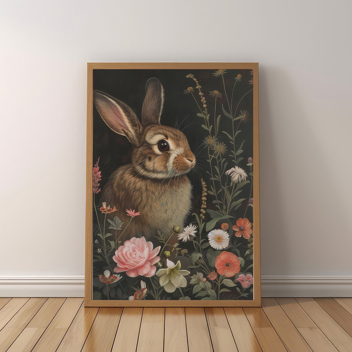 Charming Brown Rabbit Among Wildflowers Dark Botanical Art Poster - Image 5