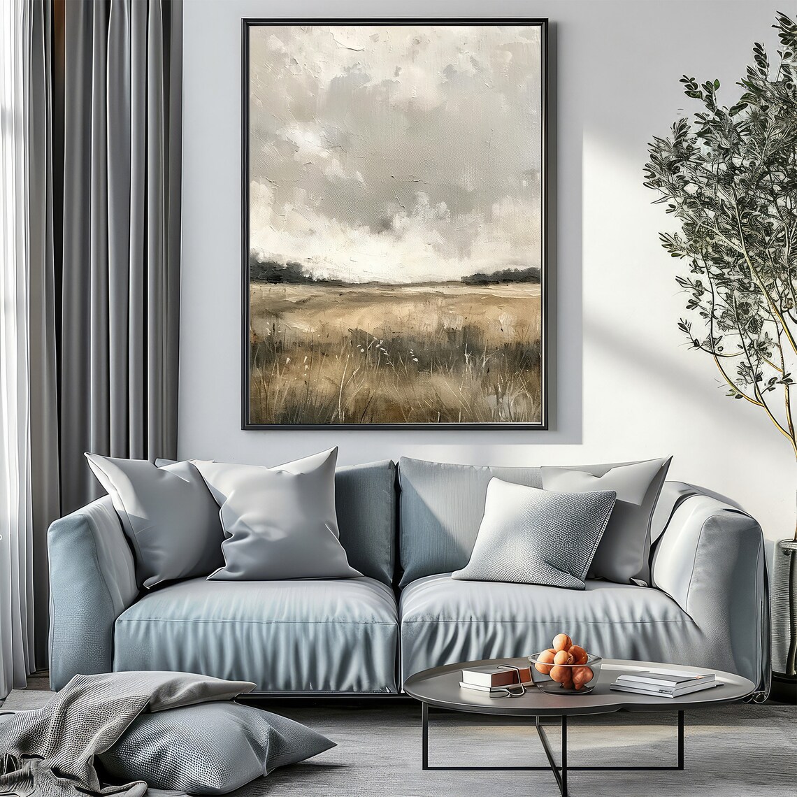 Muted Spring Field Landscape, Beige Neutral Tones - Image 4