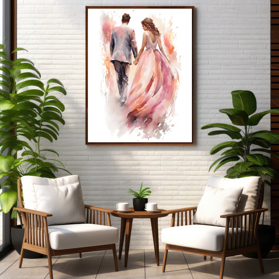Couple Walking Away Watercolor Painting Romantic Blush Dress Wall Art - Image 4