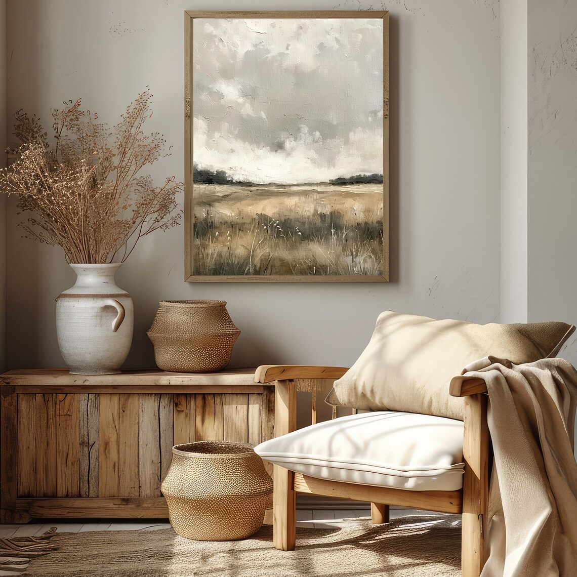 Muted Spring Field Landscape, Beige Neutral Tones - Image 3