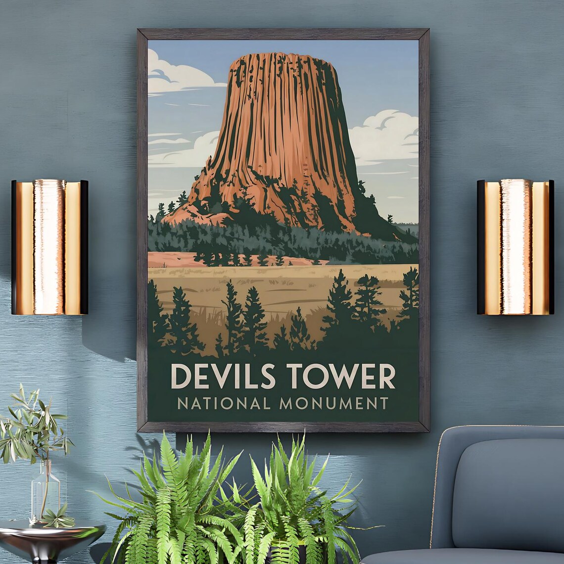 Devils Tower National Monument Wyoming Retro Vintage Travel Poster
