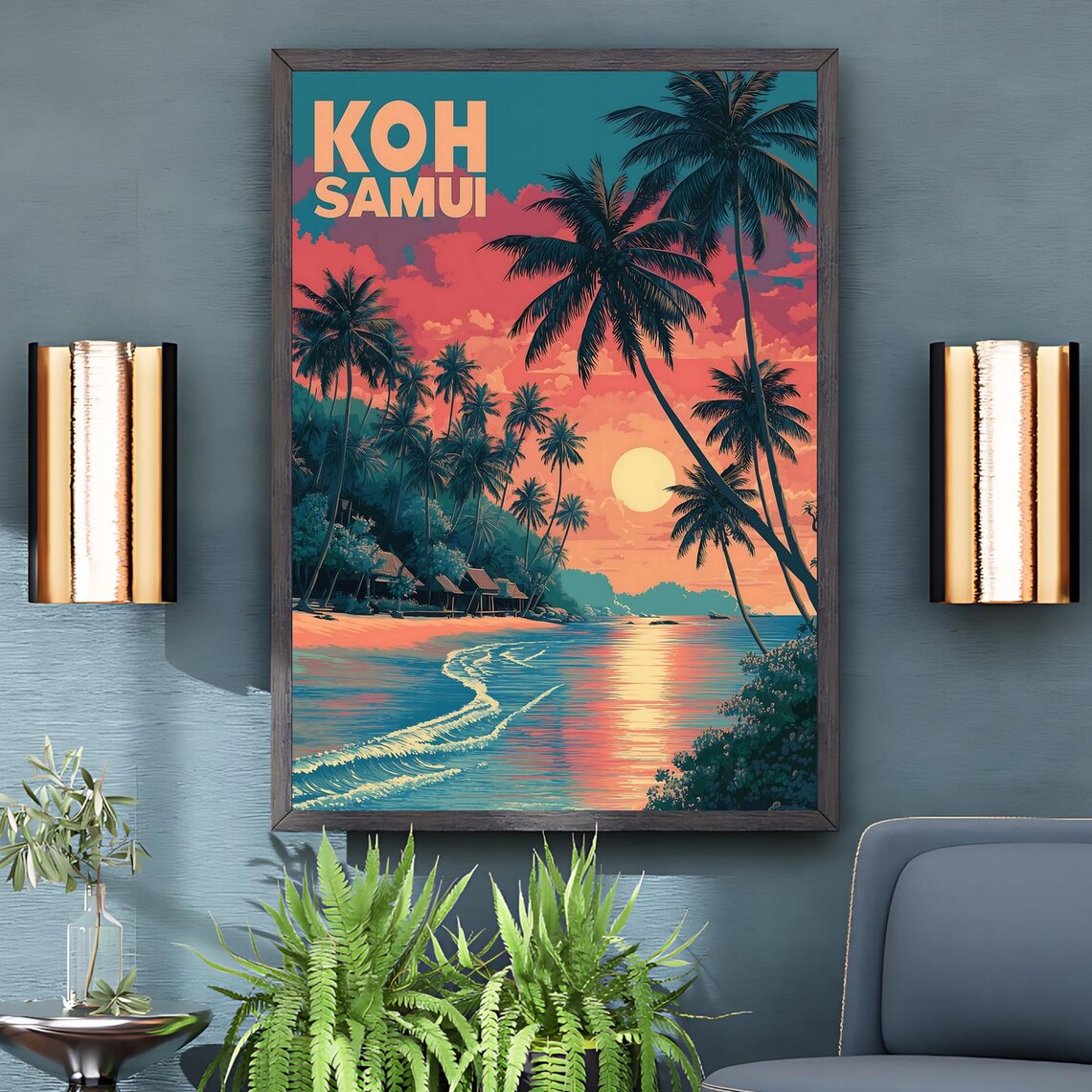 Koh Samui Thailand Vintage Travel Poster Tropical Sunset Palm Beach Art