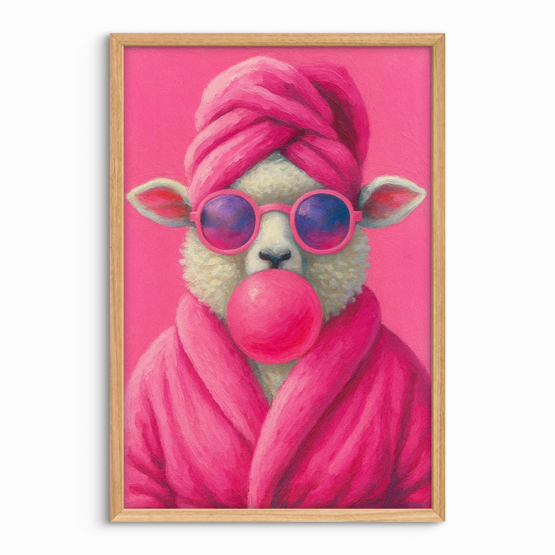 Sassy Sheep in Pink Robe Blowing Bubble Gum Pop Art Portrait Poster