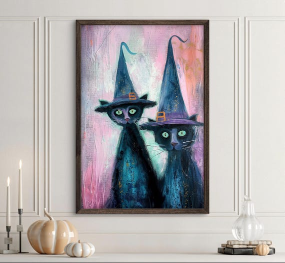 Black Cat Halloween Wall Art Pastel Witch Hat Print Cute Cats Painting Handpainted Decor Poster