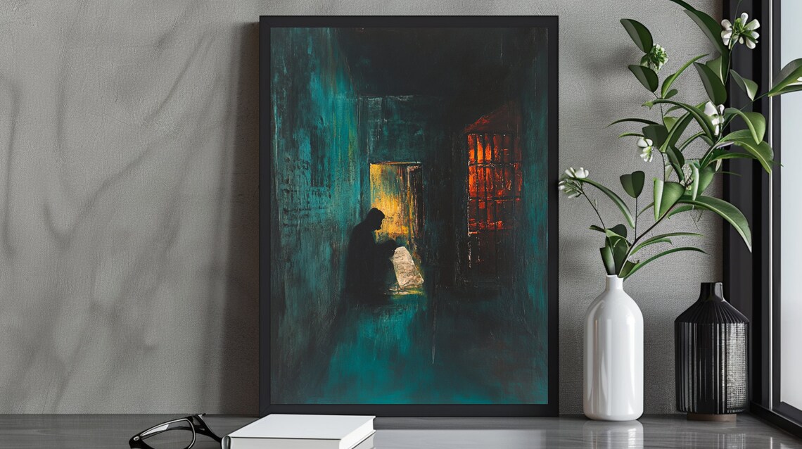 Spooky Dark Corridor With Glowing Figure In Doorway Moody Teal Art Poster