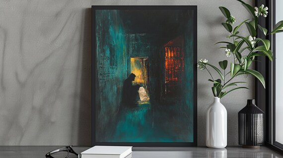 Spooky Dark Corridor With Glowing Figure In Doorway Moody Teal Art Poster