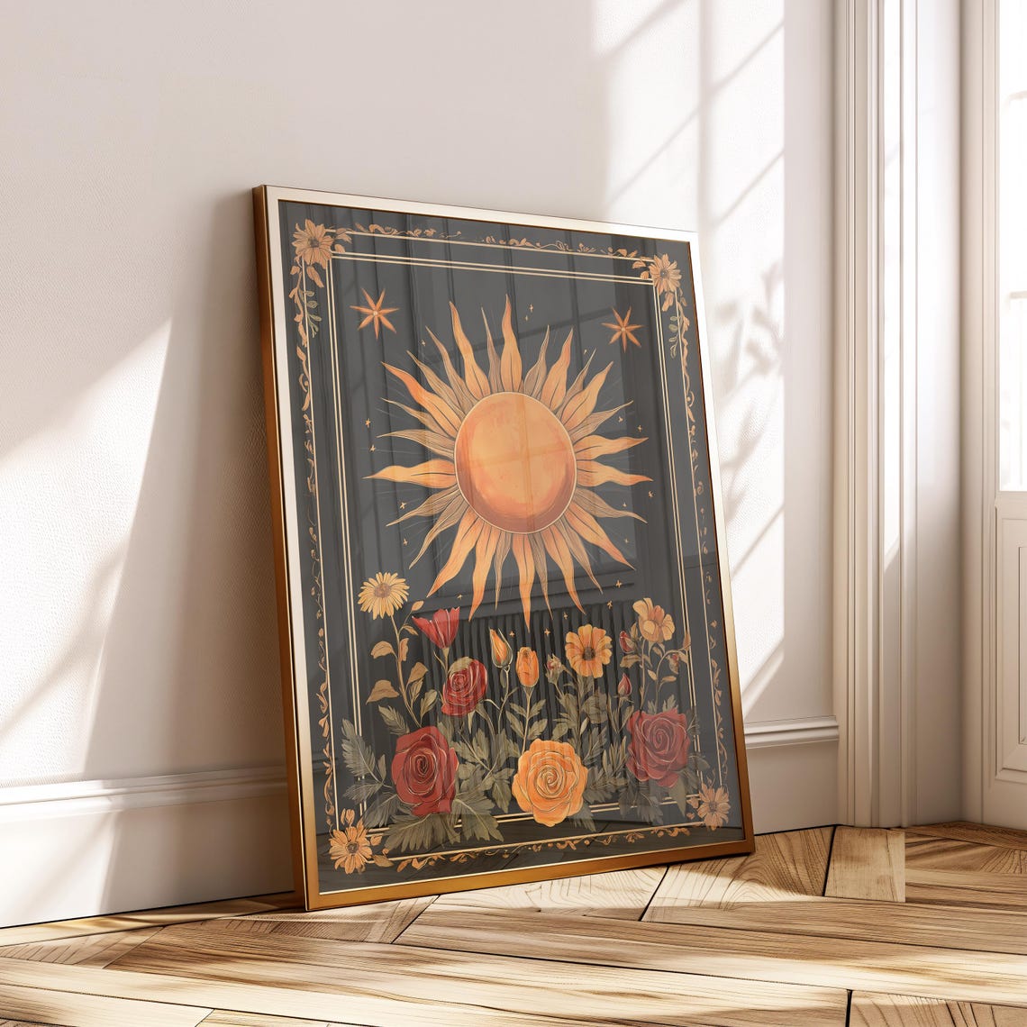 Mystical Sun Over Roses Celestial Folk Floral Dark Boho Wall Art