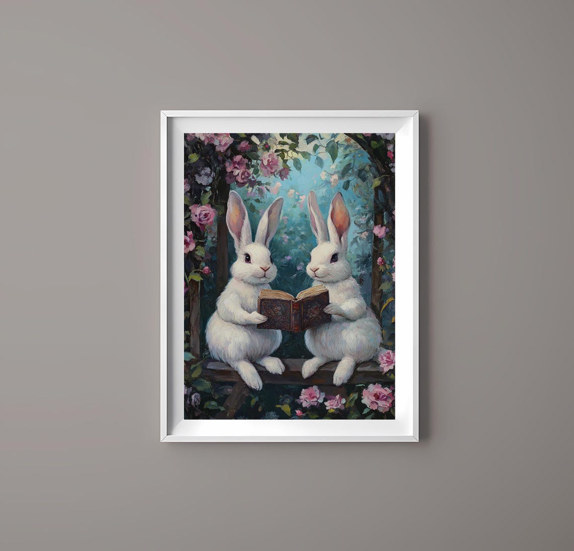 White Bunnies Reading Book Rose Arbor Romantic Floral Art Poster - Image 3