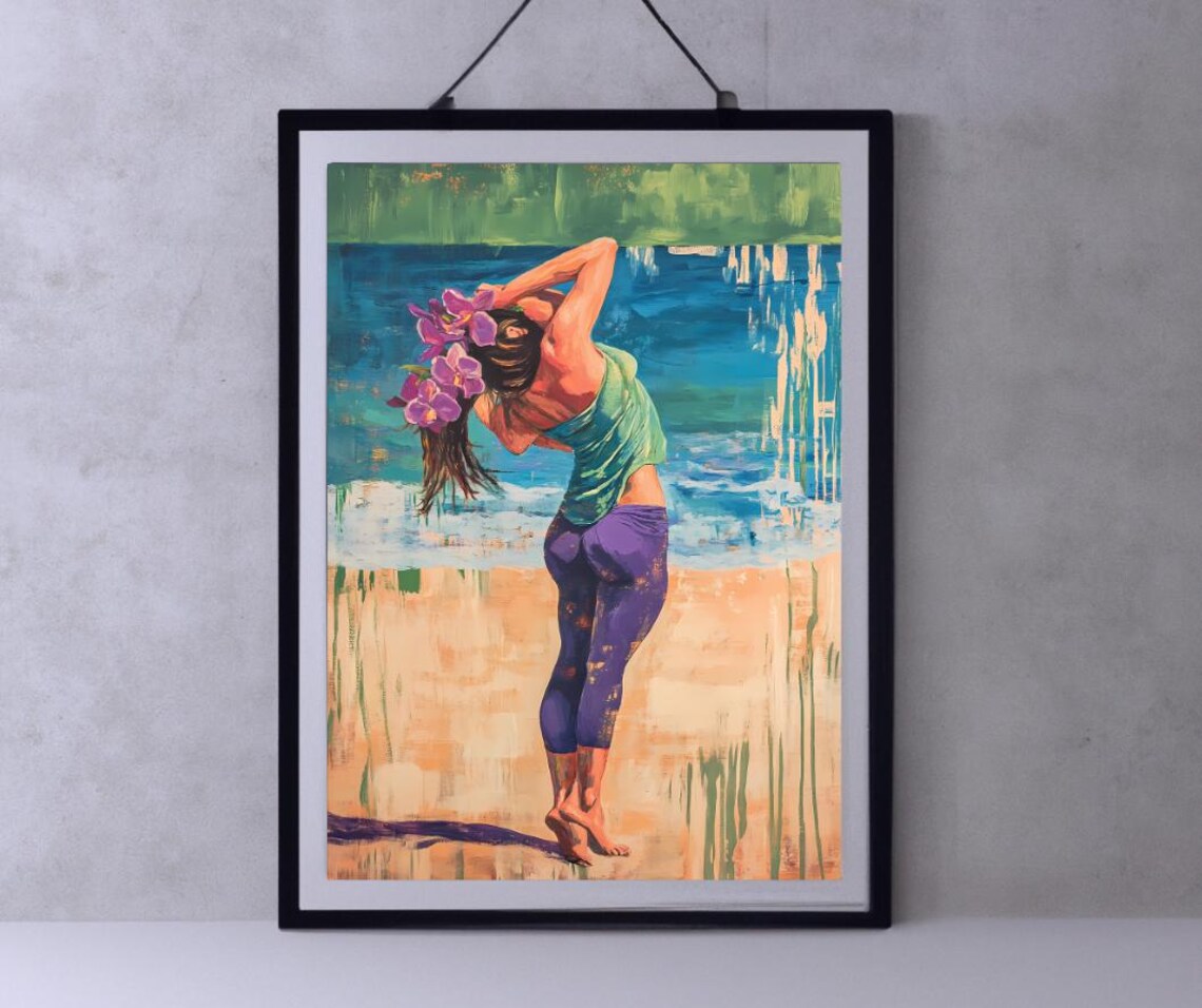 Tropical Beach Woman Dancing Orchids Colorful Summer Joy Art Poster