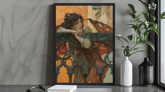 Mysterious Gothic Fantasy Art Print Red Winged Woman On Ornate Balcony Enigmatic Dreamy Portrait Ethereal Gothic Decor