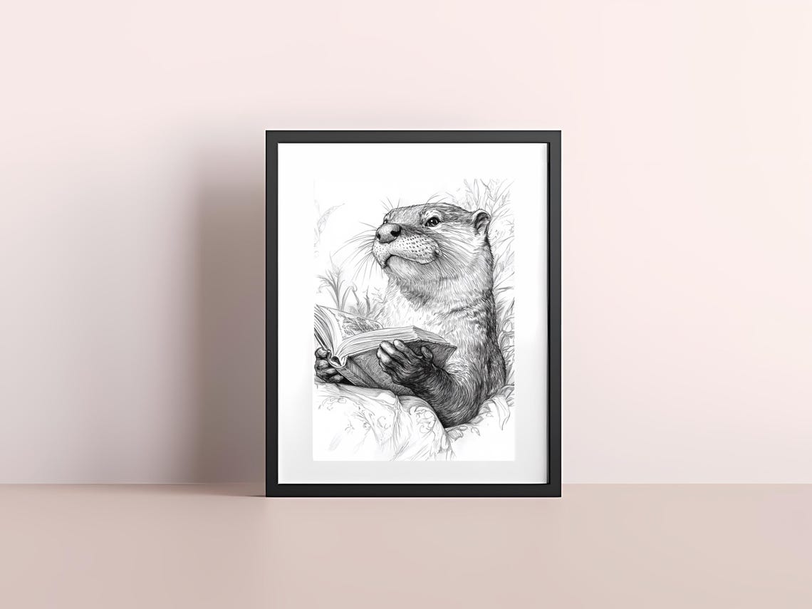 Elegant Otter Reading a Book in Black and White Line Art Poster - Image 4
