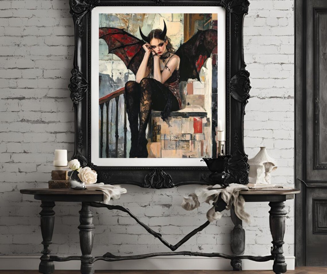 Gothic Demon Woman Red Winged Dark Fantasy Portrait Art Print - Image 4