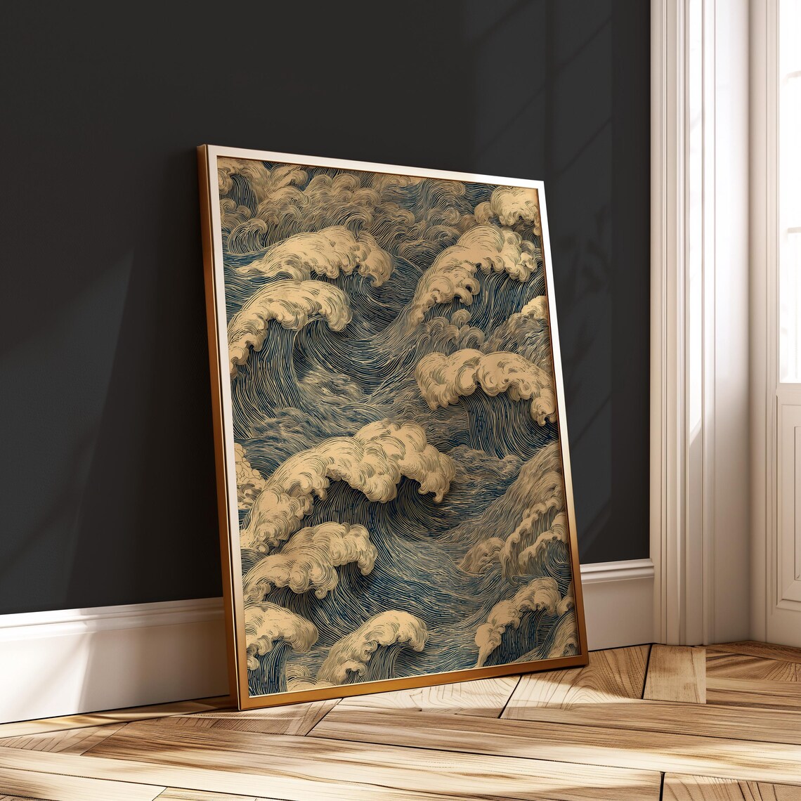 Antique Japanese Ocean Wave Woodblock Style Vintage Art Print