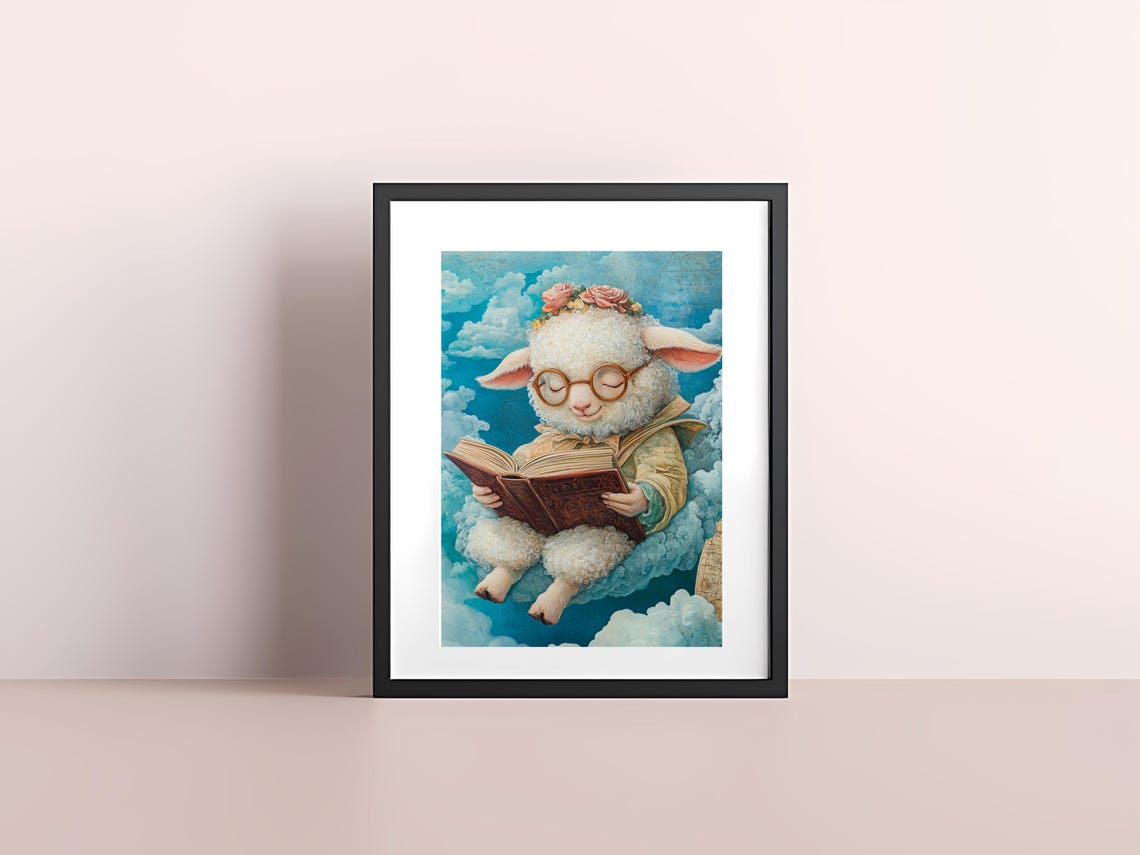 Cute Sheep Reading Book On Clouds With Glasses Whimsical Animal Poster - Image 4