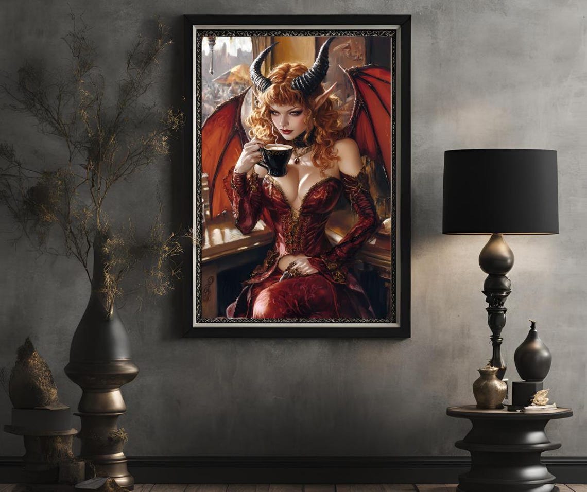 Red-Haired Horned Demon Woman Drinking Coffee Gothic Fantasy Poster - Image 2