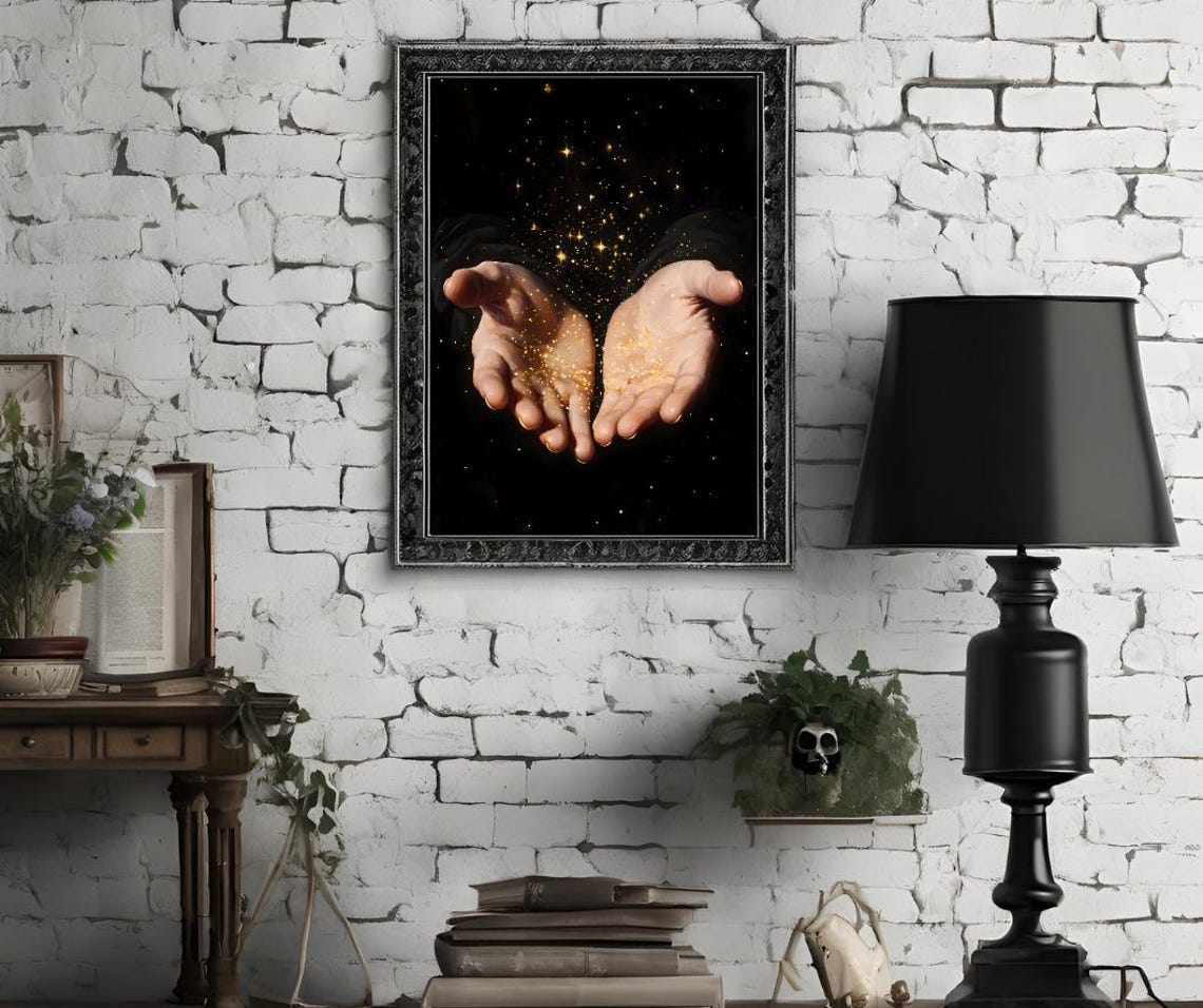 Two Open Hands Holding Golden Stardust Celestial Mystical Art Poster - Image 2
