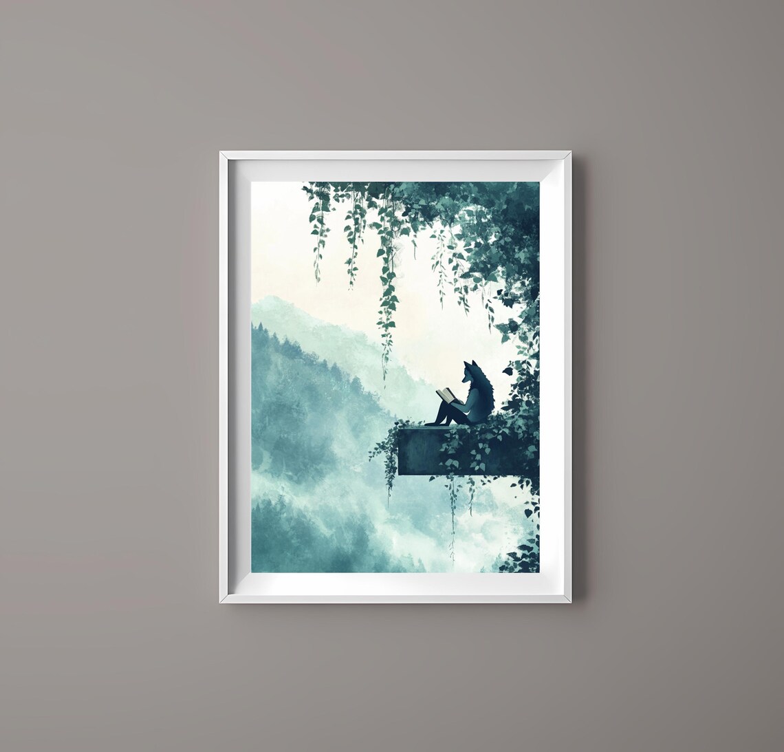 Wolf Reading Book Misty Cliff Forest Mystical Animal Art Poster - Image 2