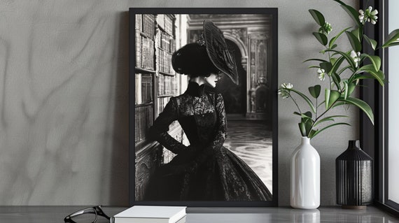 Dark Romance Gothic Elegance Art Print Victorian Woman In Black Dress Vintage Gothic Home Decor Mysterious Portrait Wall Art