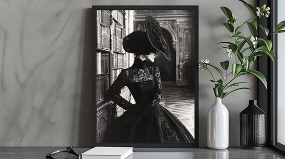 Victorian Woman In Black Lace Dress In Library Portrait Poster