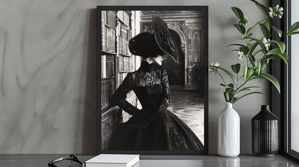 Victorian Woman In Black Lace Dress In Library Portrait Poster