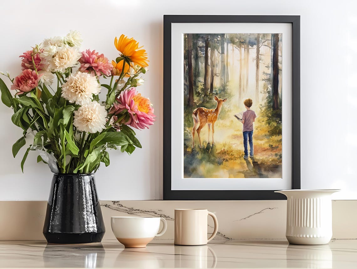 Boy And Deer In Sunlit Forest Serene Watercolor Nature Art Poster - Image 2