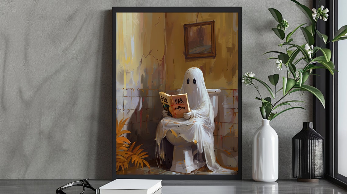 Funny Ghost Reading on a Toilet in a Vintage Bathroom Poster