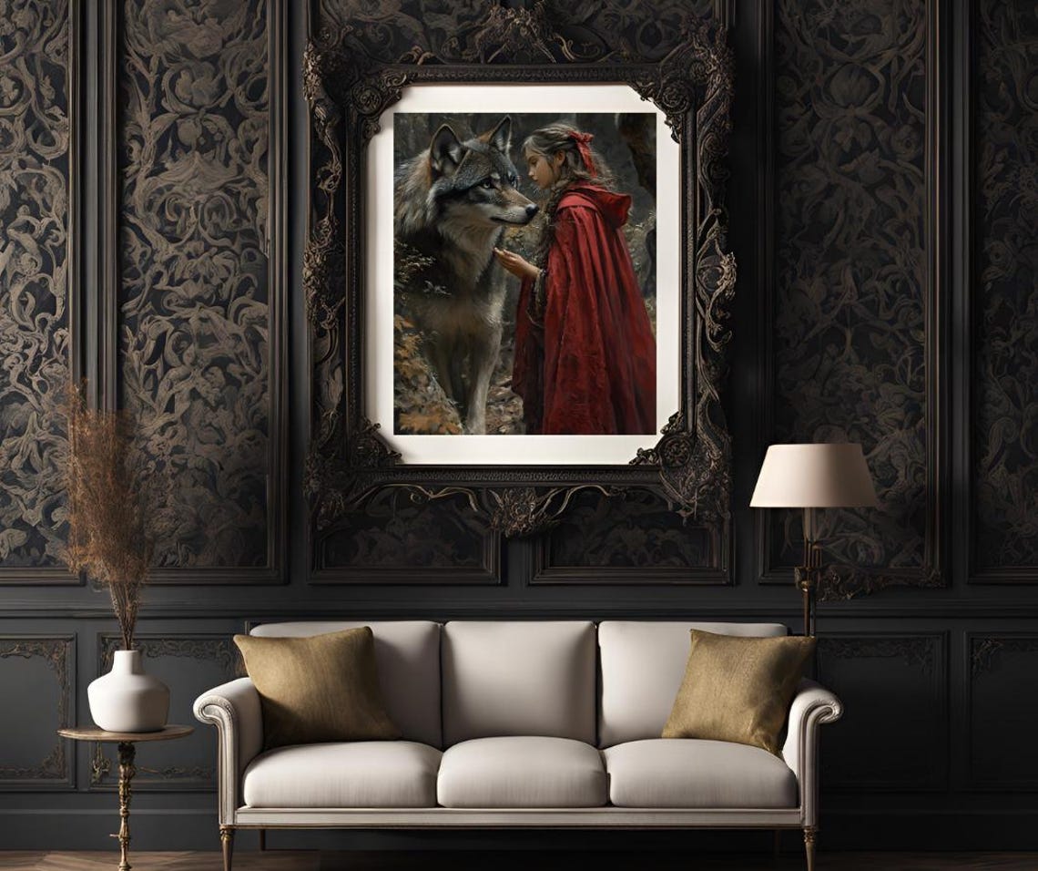 Little Red Riding Hood Gently Touching Wolf Realistic Painting Poster - Image 3